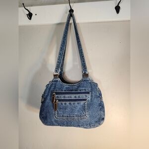 Vintage 90s Denim bag Double Strap 3 Compartments Velcro & Zip Clouser Shoulder